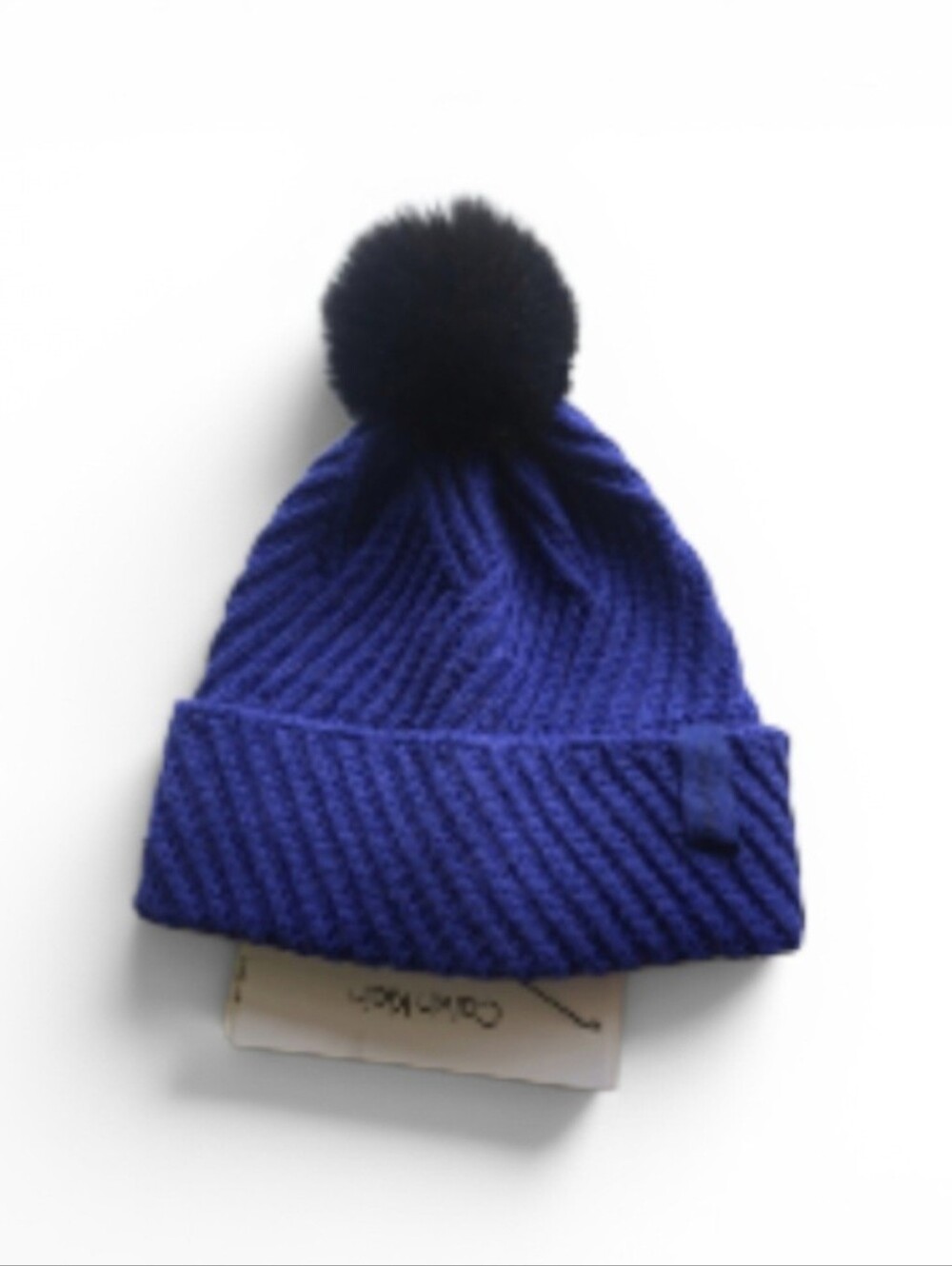 Calving Klein faux- fur Pompom Beanie NWT